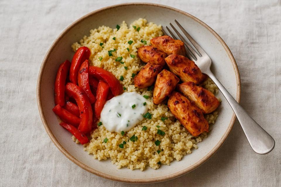 Kippengyros bowl met couscous en frisse yoghurtdressing