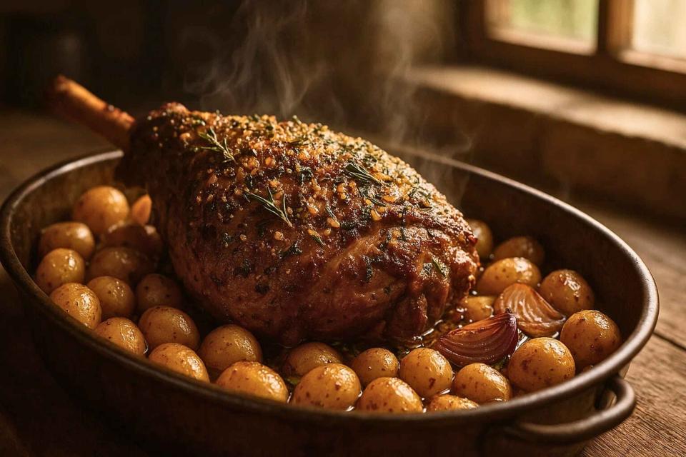 Gigot d’agneau avec des patates et romarin